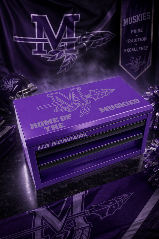 Custom Muscatine Muskies US General Mini Toolbox – Engraved Purple School Spirit Gift