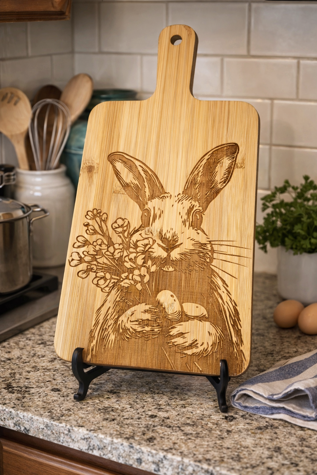 Spring Bunny Bamboo Cutting Board – Laser Engraved Easter Kitchen Décor & Gift Idea